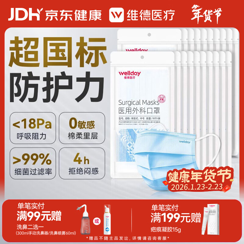维德 一次性医用外科口罩200只蓝白透气三层防花粉鼻炎防沙尘灭菌级 32.8元