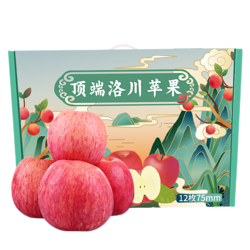 PLUS会员：顶端果业 洛川红富士苹果 12枚礼盒装(果径75mm、单果180g+) 29.53元包