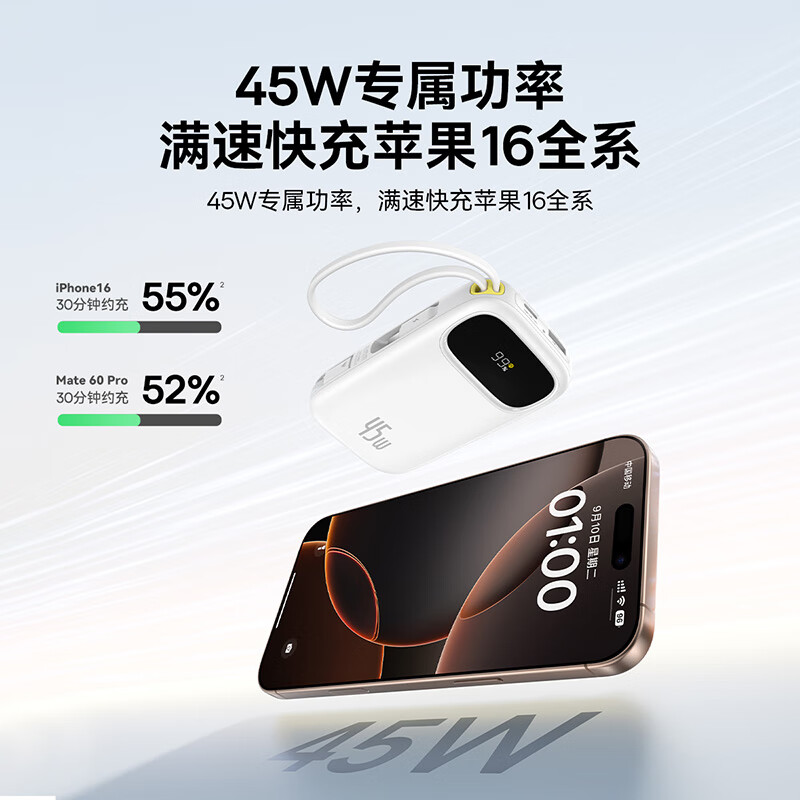 倍思 充电宝20000毫安自带线45W快充大容量移动电源兼容22.5W/30W小巧便携 星际黑 | 45W双Type-C闪充 93.78元