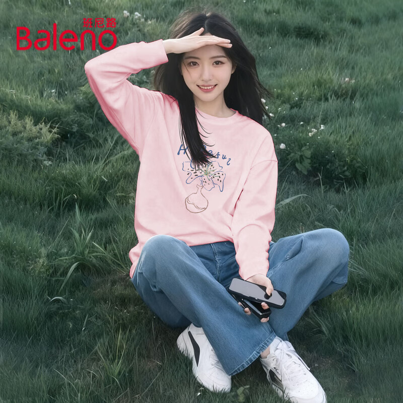 Baleno 班尼路 纯棉长袖t恤女装春秋宽松休闲女生上衣服百搭潮流内搭打底衫3