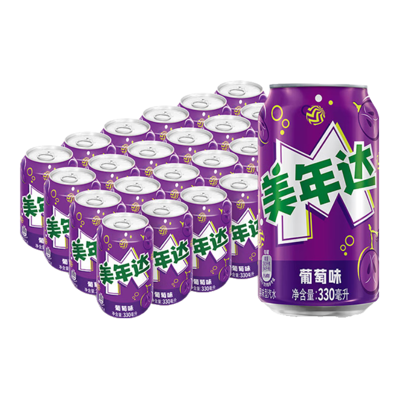 需首购、plus会员:百事可乐 美年达葡萄味汽水 碳酸饮料 330ml*24听 (新老包装