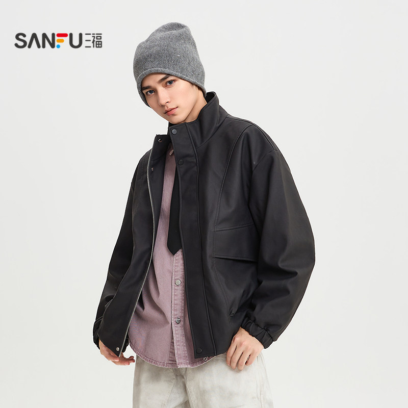 SANFU 2026春季复古蜡染PU皮衣夹克男街头立领宽松外套516543 332元