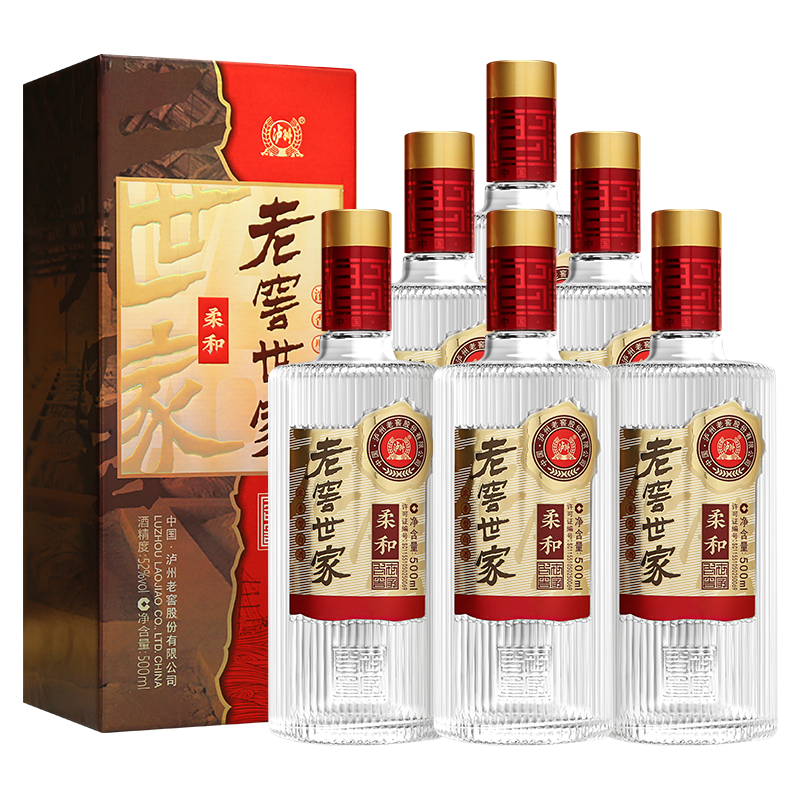 Plus会员：泸州老窖 世家柔和 浓香型白酒 52度 500ml*6瓶整箱 纯粮酒送礼（含