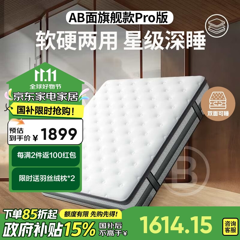 YANXUAN 网易严选 AB面弹簧床垫 1.8×2米 25cm旗舰款Pro 赠送羽绒丝枕两只 ￥1348.8