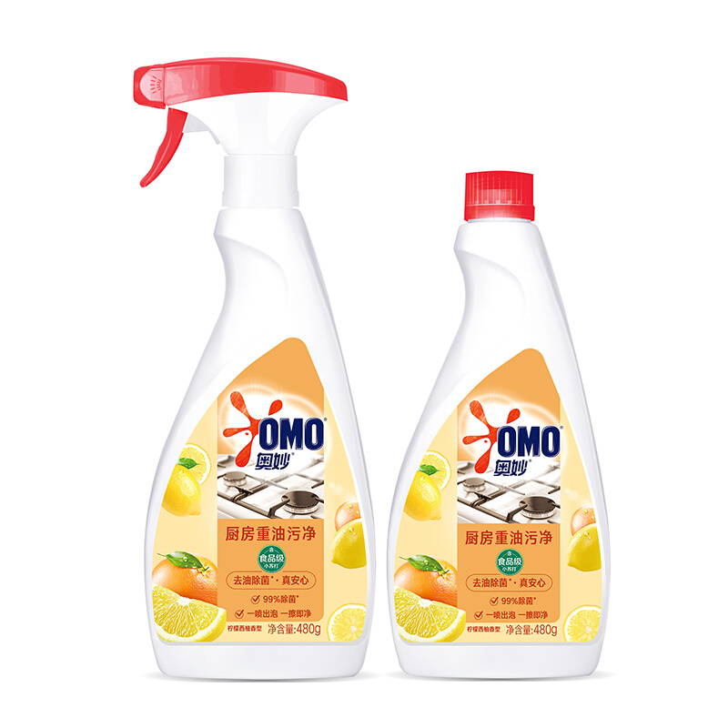 OMO 奥妙 厨房清洁剂重油污净柠檬西柚香型双瓶装 含替换装480g×2 19.9元（需用券）