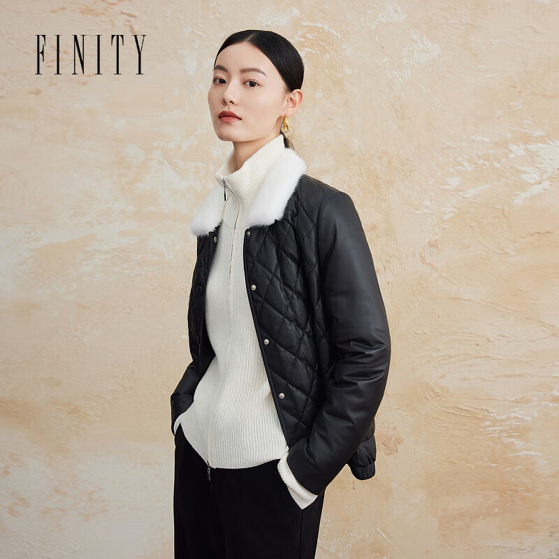 FINITY 菲妮迪 品牌真皮羽绒服冬季简约风羊皮轻奢高端保暖外套女 黑色 S 1409