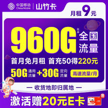 中国移动 免费卡 半年9元月租（本地归属地+188G全国流量+畅享5G）赠送50元现