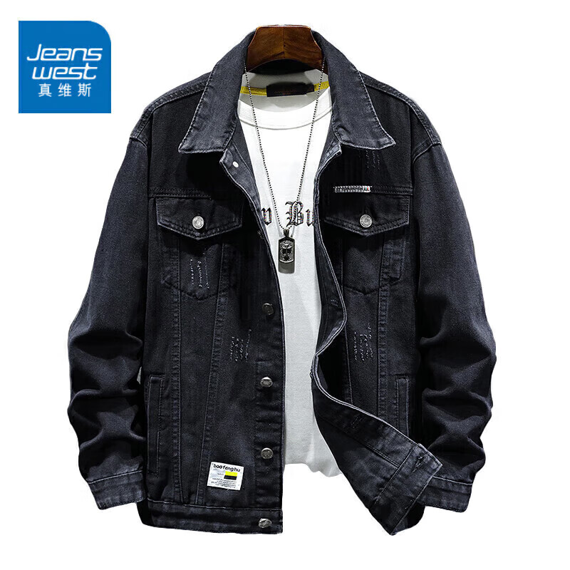 JEANSWEST 真维斯 夹克男士冬牛仔夹克男生痞帅潮工装翻领百搭衣服黑灰色XL JS