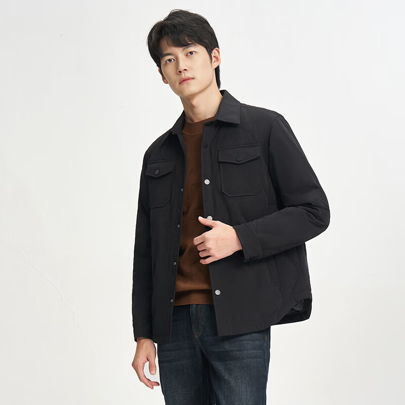 才子 男士羽绒服经典翻领短款轻盈保暖羽绒服外套春秋新款工装口袋 黑色 X
