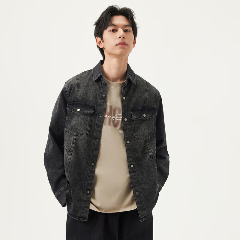 gxgjeans 男装 黑色分割设计时尚水洗翻领牛仔夹克外套男25春新品 黑色 S 159元 - 86线报
