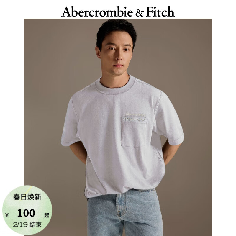 Abercrombie & Fitch 男装女装情侣装24夏款美式复古LOGO圆领短袖T恤KI123-4044 浅灰