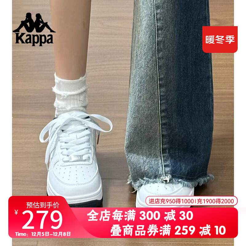 Kappa 卡帕 女鞋厚底板鞋女2024冬季百搭小白鞋女软底休闲运动鞋子女 经典白/