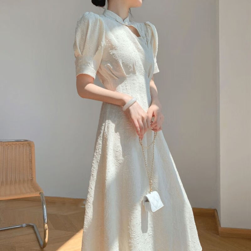 FOURDATRY 复古改良白色旗袍2024女装夏季国风连衣裙短袖气质感裙子 图片色 S 149元（需用券）