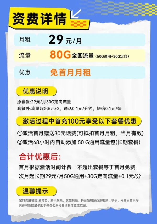 CHINA TELECOM 中國電信 星辰卡 29元/月（80G不限速+可選號+暢享5G+自主激活）