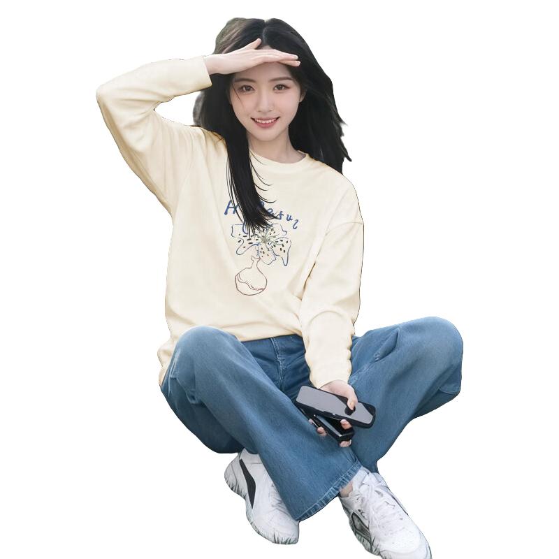 班尼路 纯棉长袖t恤女装春秋宽松休闲女生上衣服百搭潮流内搭打底衫3 杏#BL