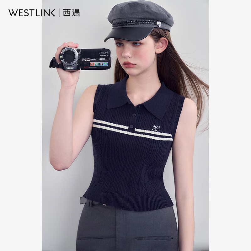 WESTLINK 西遇 翻领无袖针织衫女2024年秋季新款学院风条纹毛衣背心 宝蓝色 M 3