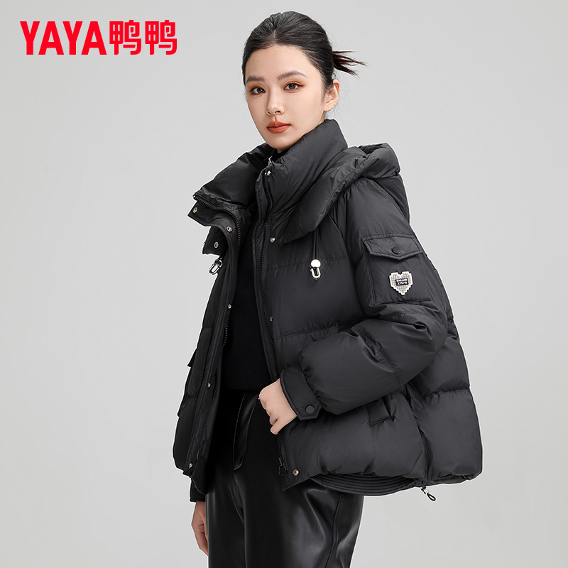 YAYA 鸭鸭羽绒服 鸭鸭（YAYA）羽绒服女短款2024年冬季新款小个子时尚撞色连