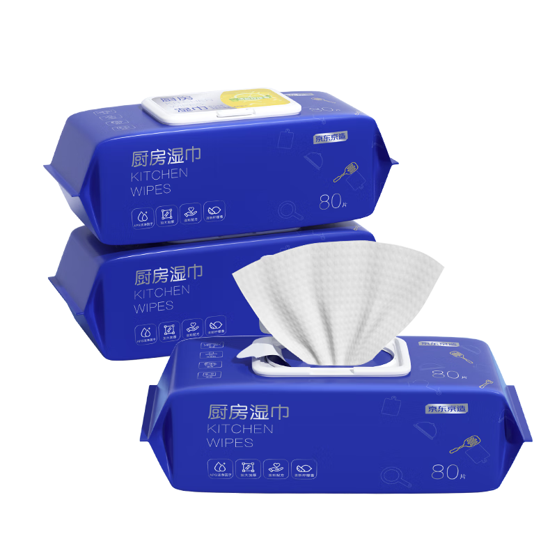 PLUS会员：京东京造厨房湿巾纸80抽*3包 家用卫生清洁去油去污擦吸油烟机湿