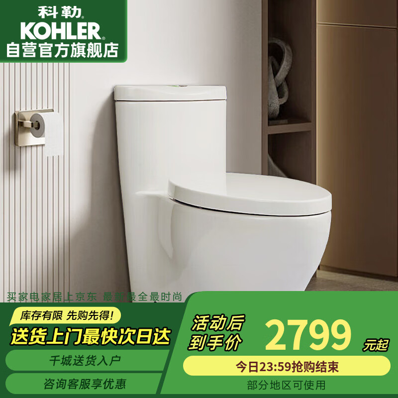 科勒 KOHLER 水漾连体坐便器抽水马桶1级水效喷射虹吸式节水大冲力305mm3869T 