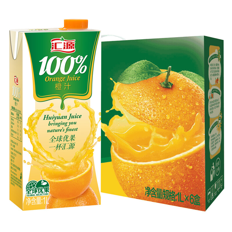 汇源 无添加纯果汁100%橙汁 维生素c果汁饮料1L*6盒整箱礼盒 34.46元