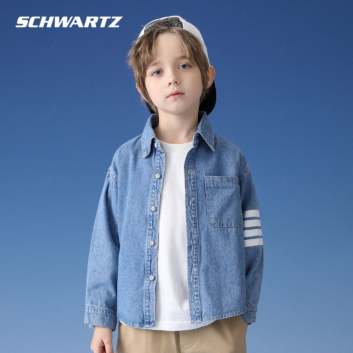 Schwartz斯瓦茨童装男童韩版牛仔衬衫2024春新款中大儿童轻薄外套 105.63元（需买3件，共316.89元）