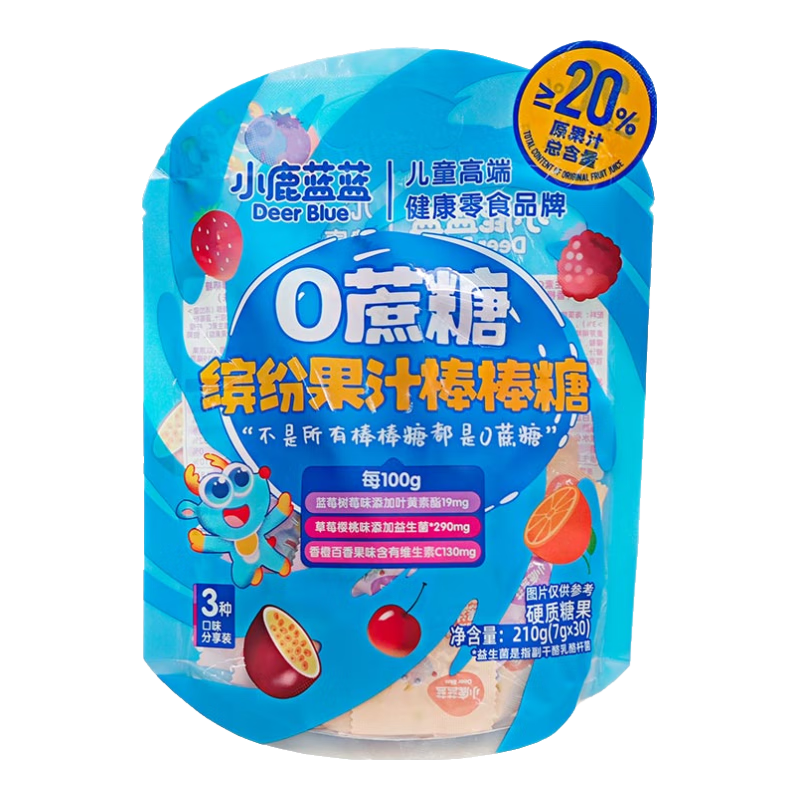 移动端、京东百亿补贴：小鹿蓝蓝 0蔗糖果汁棒棒糖 3口味混合30支 17.9元（