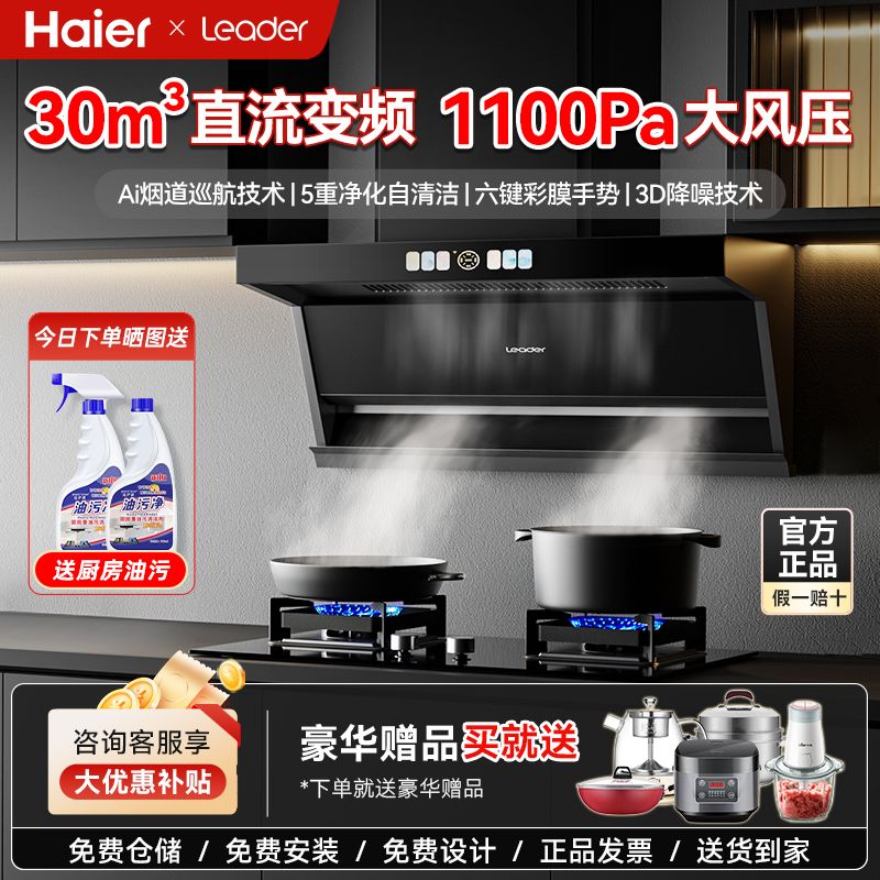 Haier 海尔 出品30m³直流变频智能抽油烟机燃气灶套装组合厨房家用Leader 2598