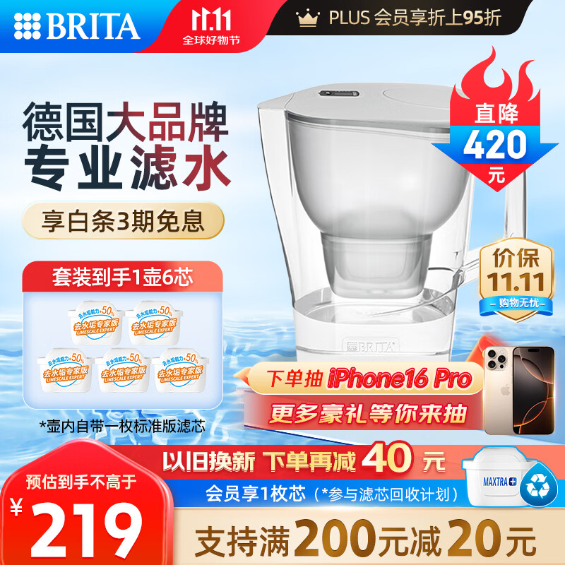 BRITA 碧然德 家用滤水壶净水壶滤芯3.5L大容量 晨汐水壶灰色+专家版滤芯5枚