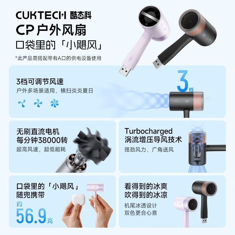 酷态科 USB小风扇 高速无刷电机 便携散热风扇 36.9元