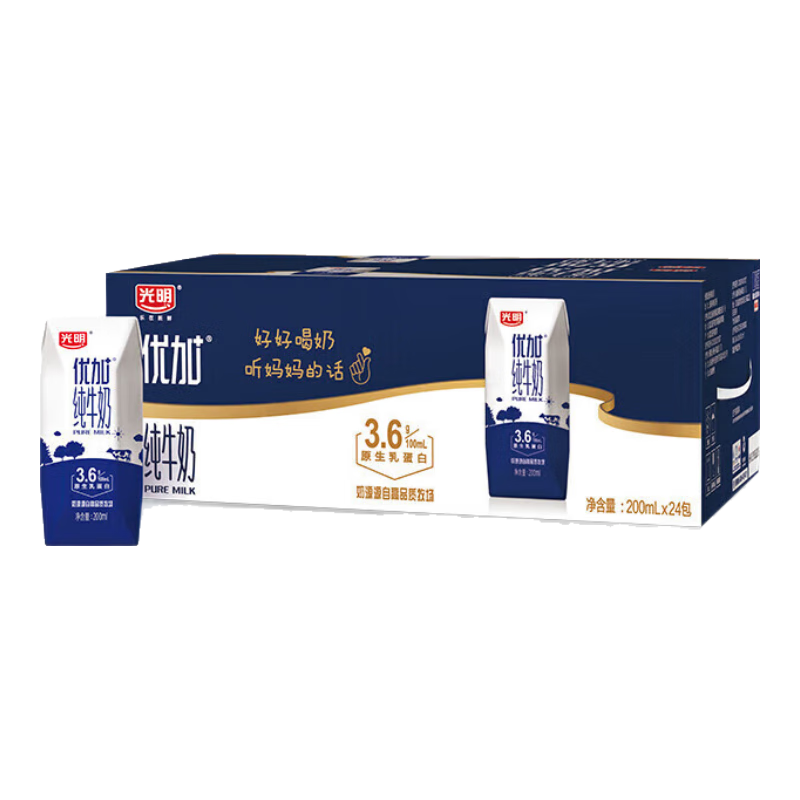 再降价：光明 优加 利乐钻 纯牛奶 3.6g蛋白质 200ml 24盒*4件 149.26元(合37.31元/