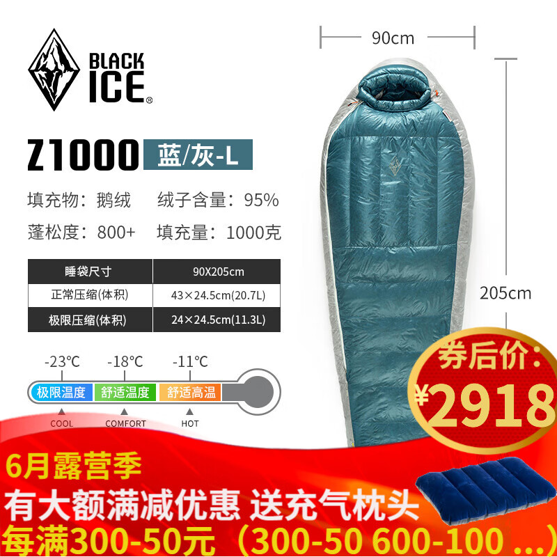 BLACKICE 黑冰 睡袋旗舰款Z700 睡袋800蓬 蓝拼灰Z-1000克 L号 2558元（需用券）