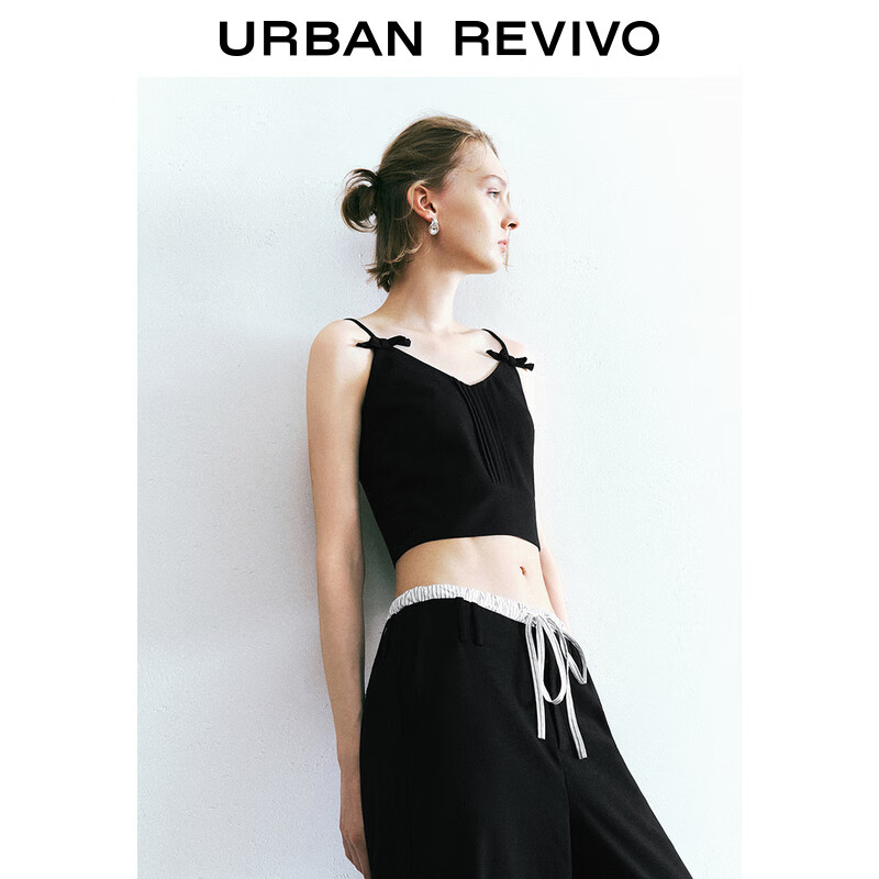 URBAN REVIVO UR2024秋季女装法式芭蕾风蝴蝶结褶皱吊带衫UYU240007 黑色 M 219元（