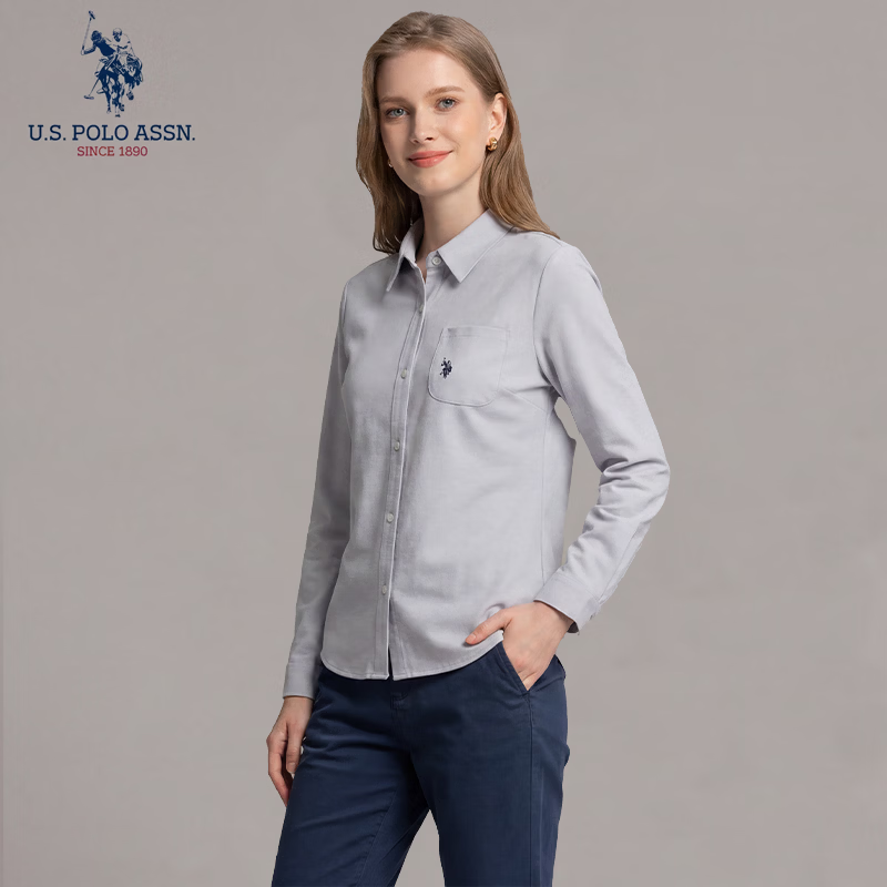 U.S. POLO ASSN. 长袖衬衫女通勤打底衫商务纯棉免烫衬衣 中灰色 M 138.6元 - 线报酷