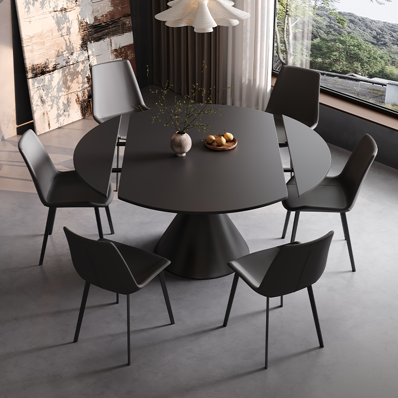 Dreamflying 意式极简岩板餐桌小户型家用可变圆桌轻奢简约现代伸缩旋转黑色