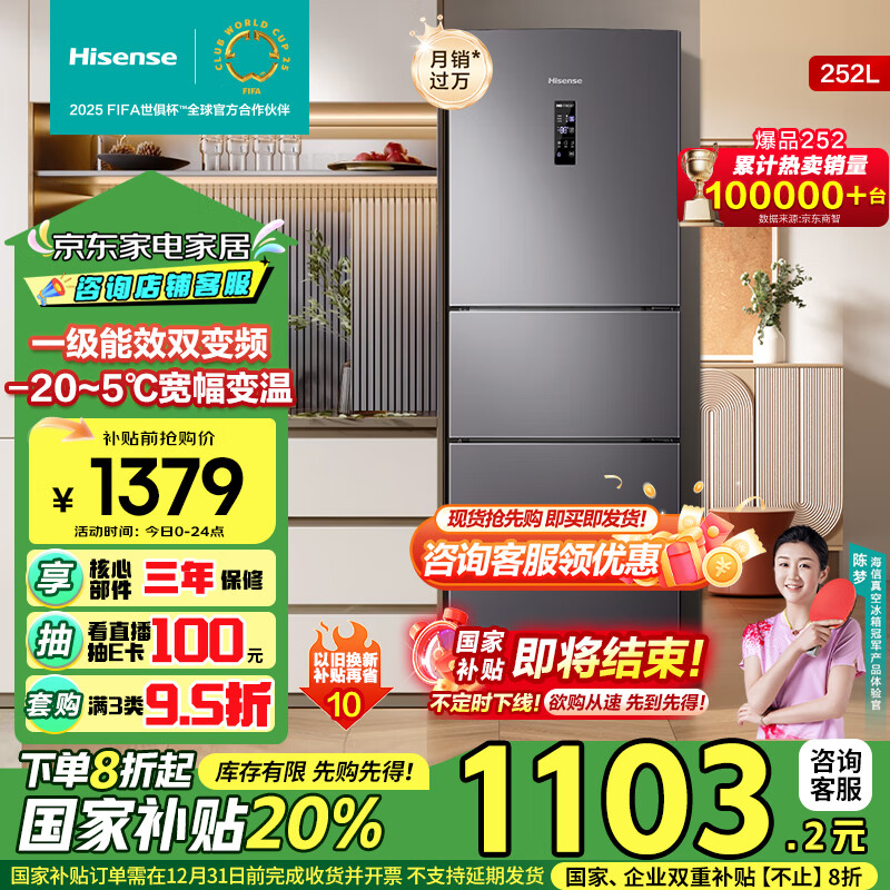 Hisense 海信 倍多分系列 BCD-252WYK1DPUJ 风冷三门冰箱 252L 爵士灰 ￥1090.4