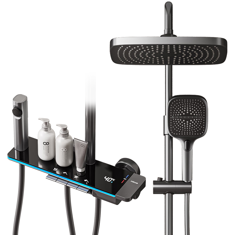 四季沐歌 花洒套装 增压精铜淋浴器钢琴键 恒温数显氛围灯枪灰淋浴花洒全