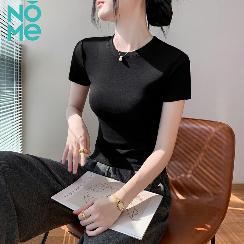 NOMe 螺纹棉圆领短袖T恤女 春夏正肩修身上衣 黑色 XL 53元