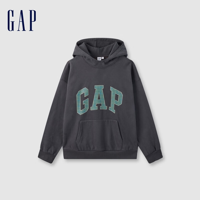 Gap 盖璞 男女装2024秋季新款碳素软磨抓绒格纹logo连帽卫衣上衣609221 249元