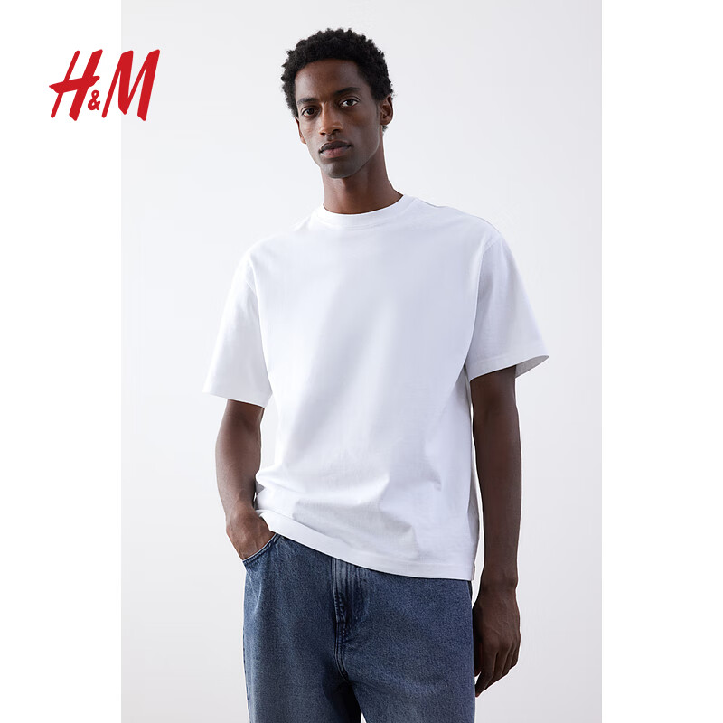 H&M 男装女装T恤四季通用基础款重磅棉质休闲圆领短袖上衣0608945 白色 M 175/10