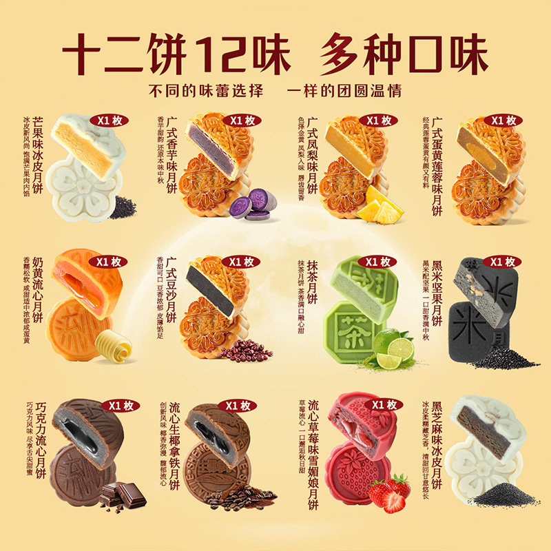 味滋源 三层提篮礼盒广式五仁冰皮流心月饼双蛋黄莲蓉中秋节送客户 15.9元