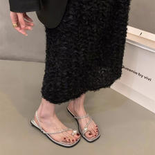 BELAMINIGA 低跟水钻套趾法式小凉拖鞋仙女鞋子外穿2024新款夏季珍珠银色凉鞋 