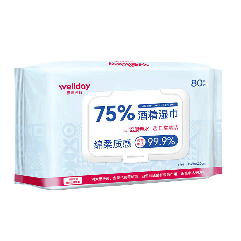 维德 75%酒精湿巾消毒杀菌加大加厚80抽*3包 25.42元