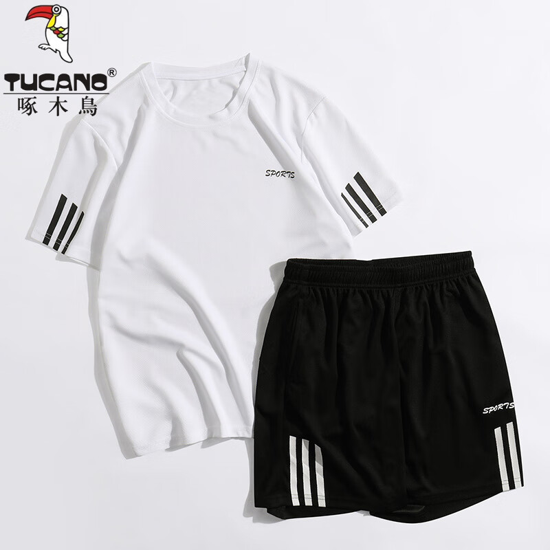 啄木鸟 TUCANO）运动套装男2024夏季跑步速干休闲两件套短袖a 白色 28.85元（需