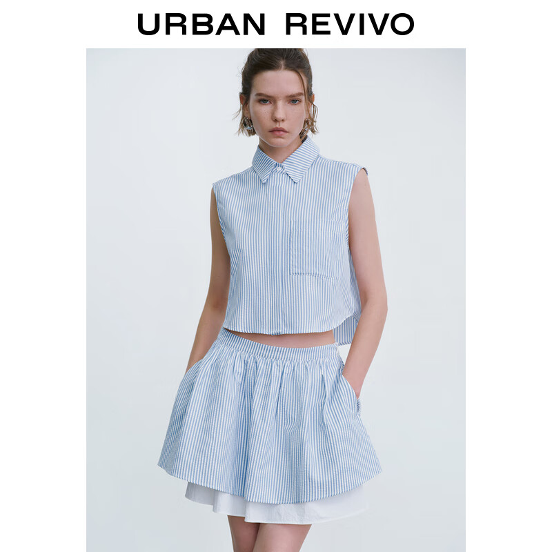 URBAN REVIVO UR2024秋季女装职场风泡泡纱条纹贴袋开襟衬衫UYY240012 蓝色条纹 XS 1