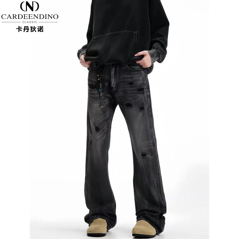 卡丹狄诺 欧美高街vibe修身水洗破洞牛仔裤男夏季新款美式潮流设计感裤子