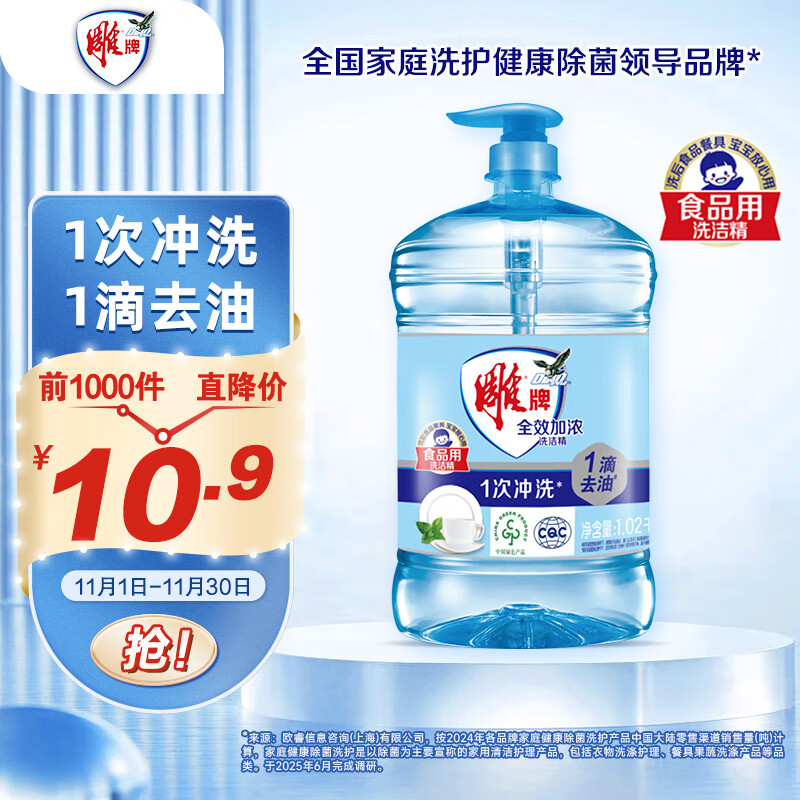 雕牌 全效加浓洗洁精 1.02kg 9.81元（需用券）