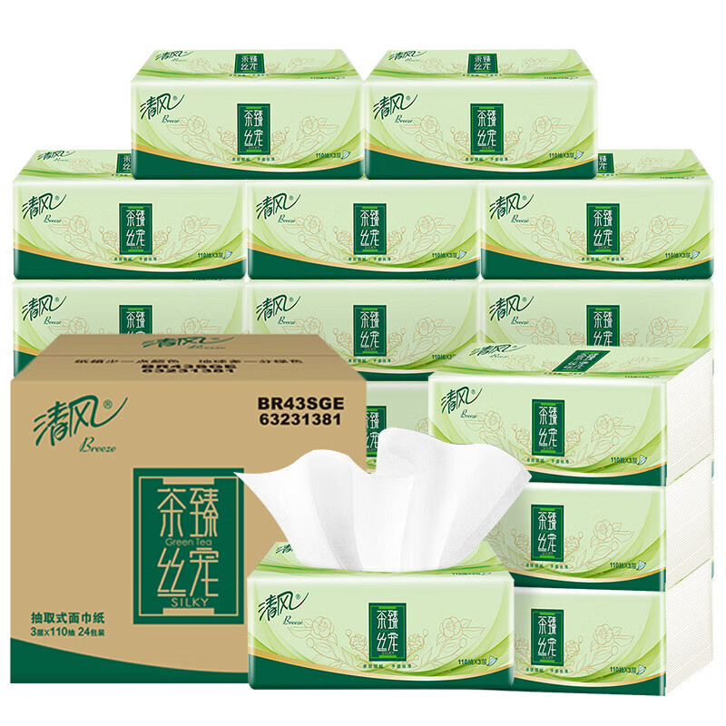 Breeze 清风 原木茶臻抽纸 3层110抽24包 26.9元（需买3件，共80.7元，双重优惠）