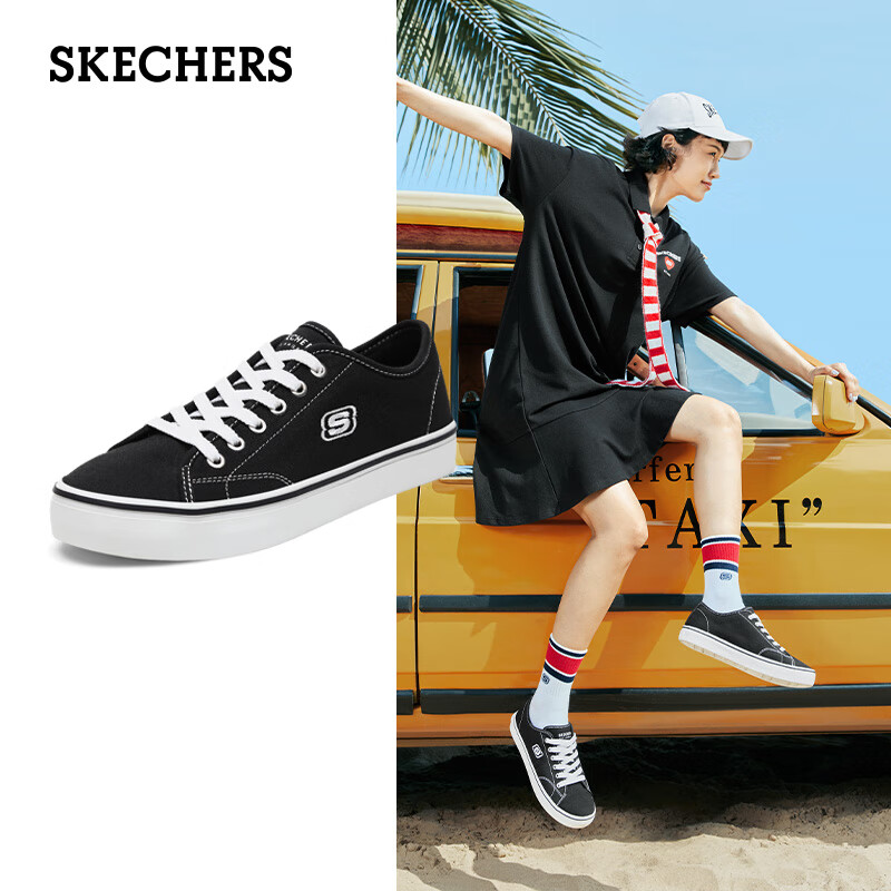 SKECHERS 斯凯奇 帆布休闲鞋 女款绑带低帮平底 66666131 黑色/BLK 37 259元