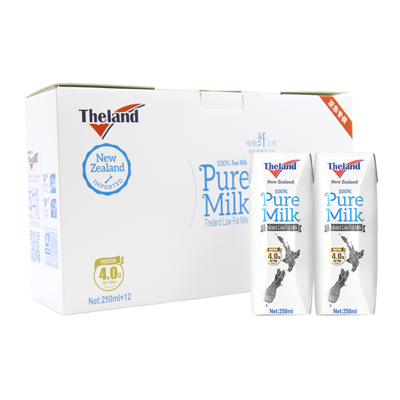 PLUS会员：Theland 纽仕兰 4.0g蛋白质 高钙低脂纯牛奶 250ml*12 礼盒*3件 166元包邮（多重优惠，合33.2元/件）