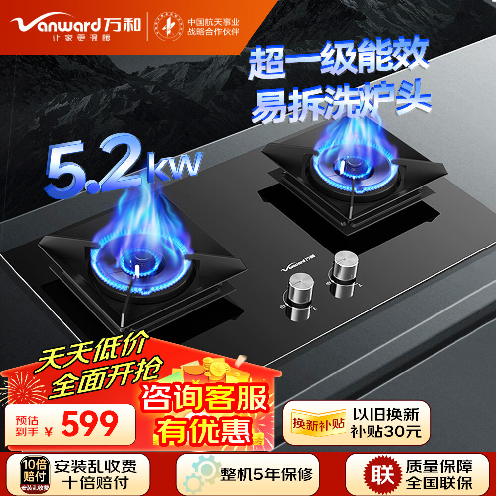 Vanward 万和 燃气煤气灶天然气双灶具家用5.2kW猛火灶厨房台嵌两用超一级能